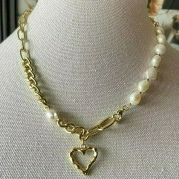 18K Gold‎ Plated Cultured Freshwater Pearl Beaded  Heart Pendant Necklace 17in - Picture 3 of 9